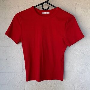 Zara Red Ribbed Short Sleeve Top